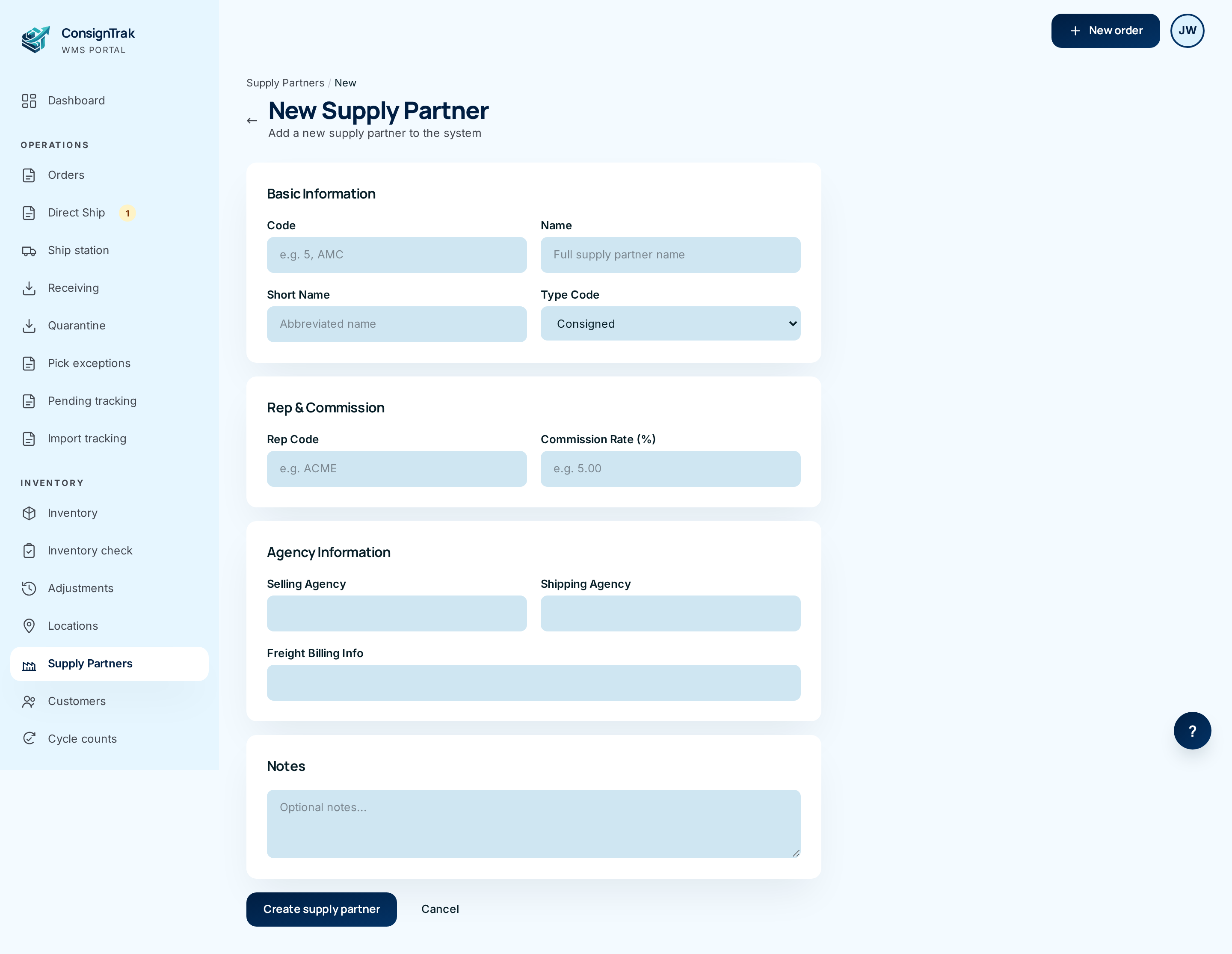 The New Supply Partner form with Basic Information, Rep &amp; Commission, Agency Information and Notes cards