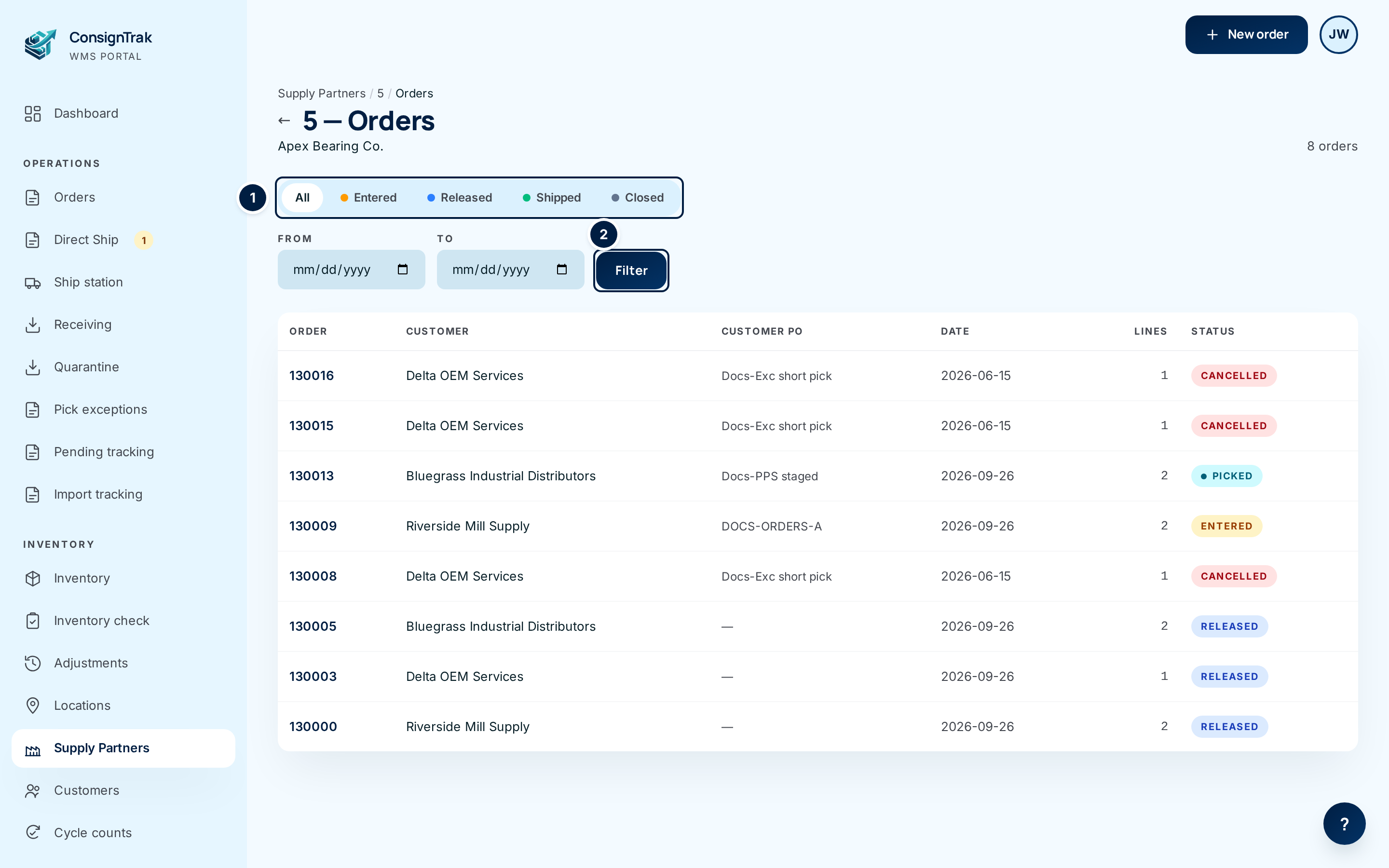 The orders list for Apex Bearing Co. with ① the status tabs and ② the Filter button marked
