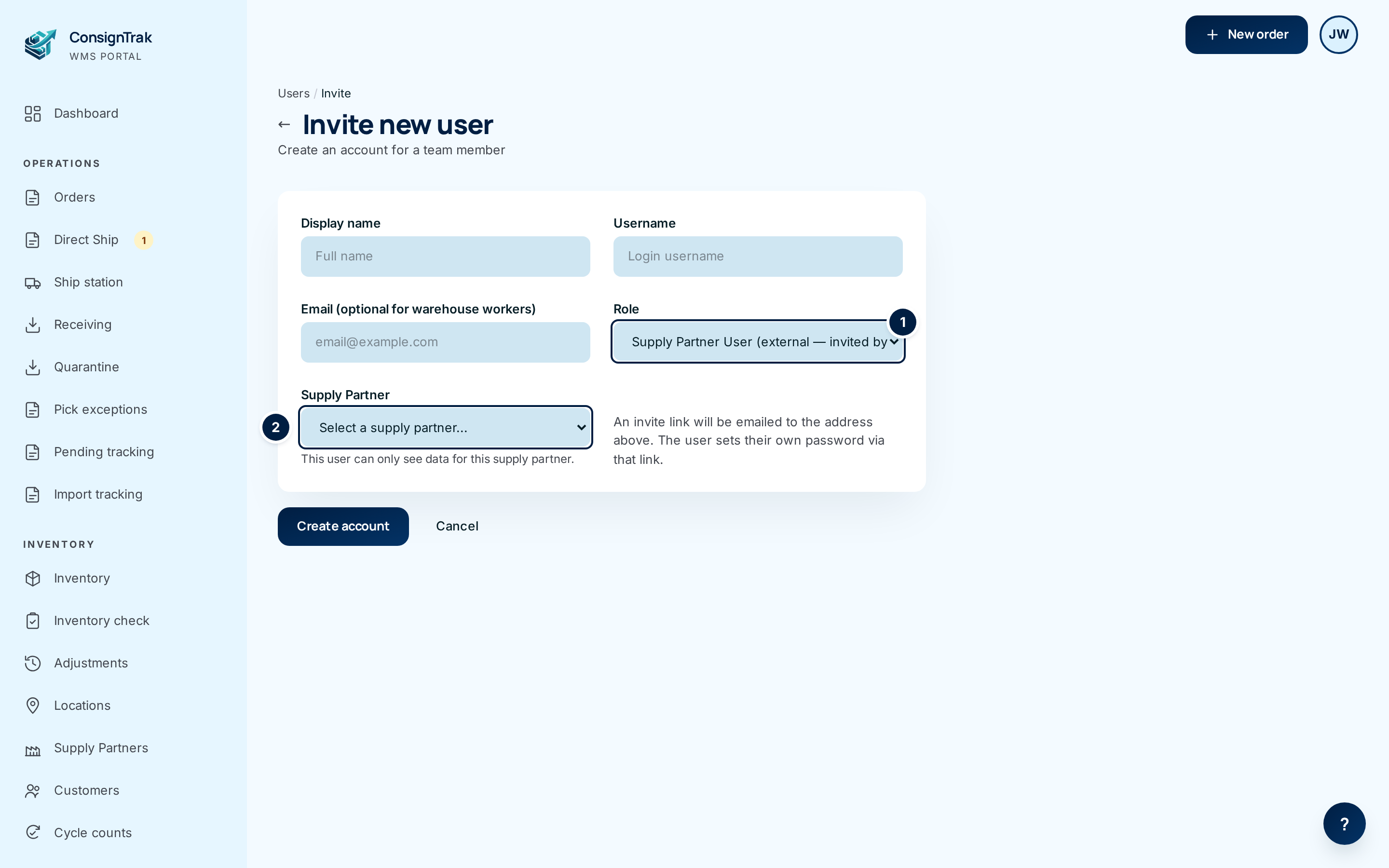 The Invite new user form with ① Role set to Supply Partner User and ② the Supply Partner list