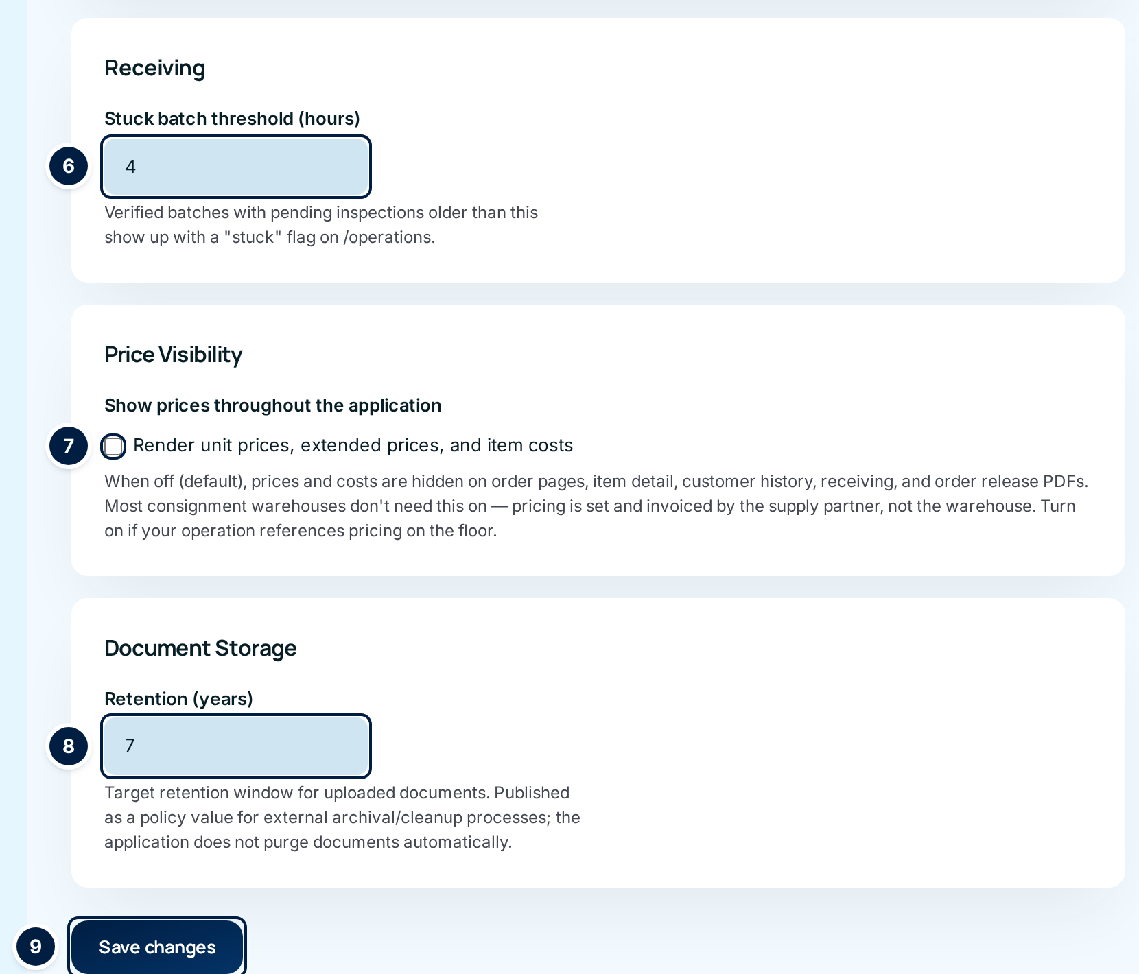 The bottom of the System Configuration page: Receiving, Price Visibility, Document Storage and the Save changes button