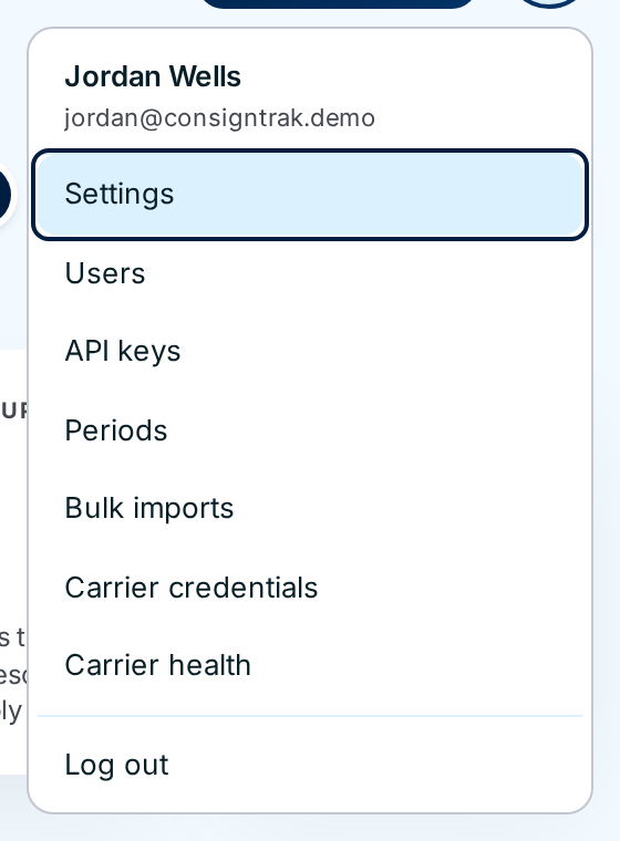 The account menu with Settings marked