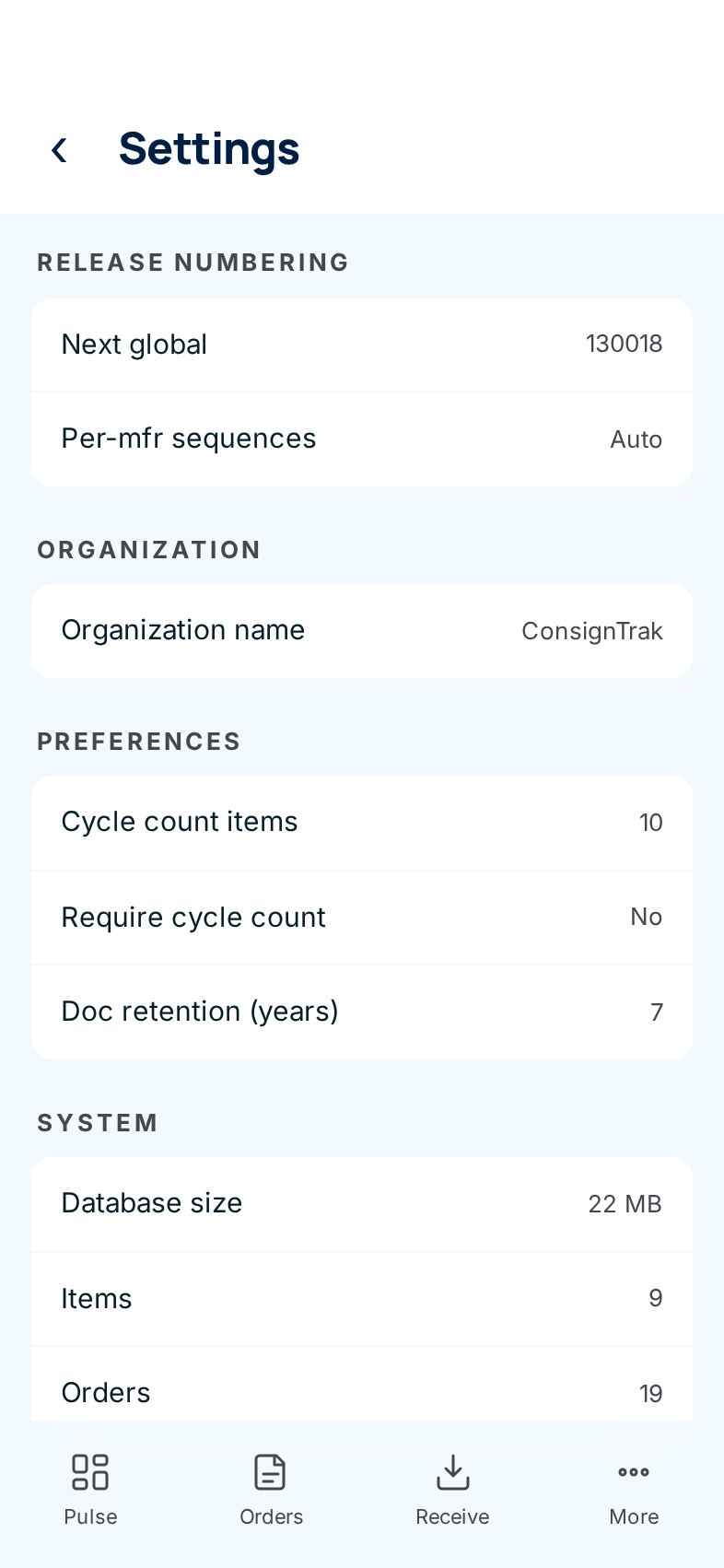 The phone Settings screen, which lists the current values without letting you edit them