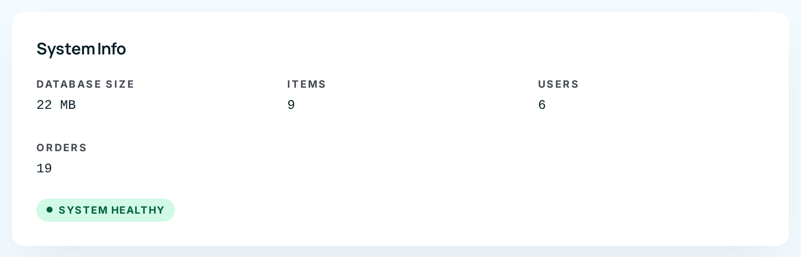 The System Info panel showing database size, item, user and order counts, and a System healthy badge