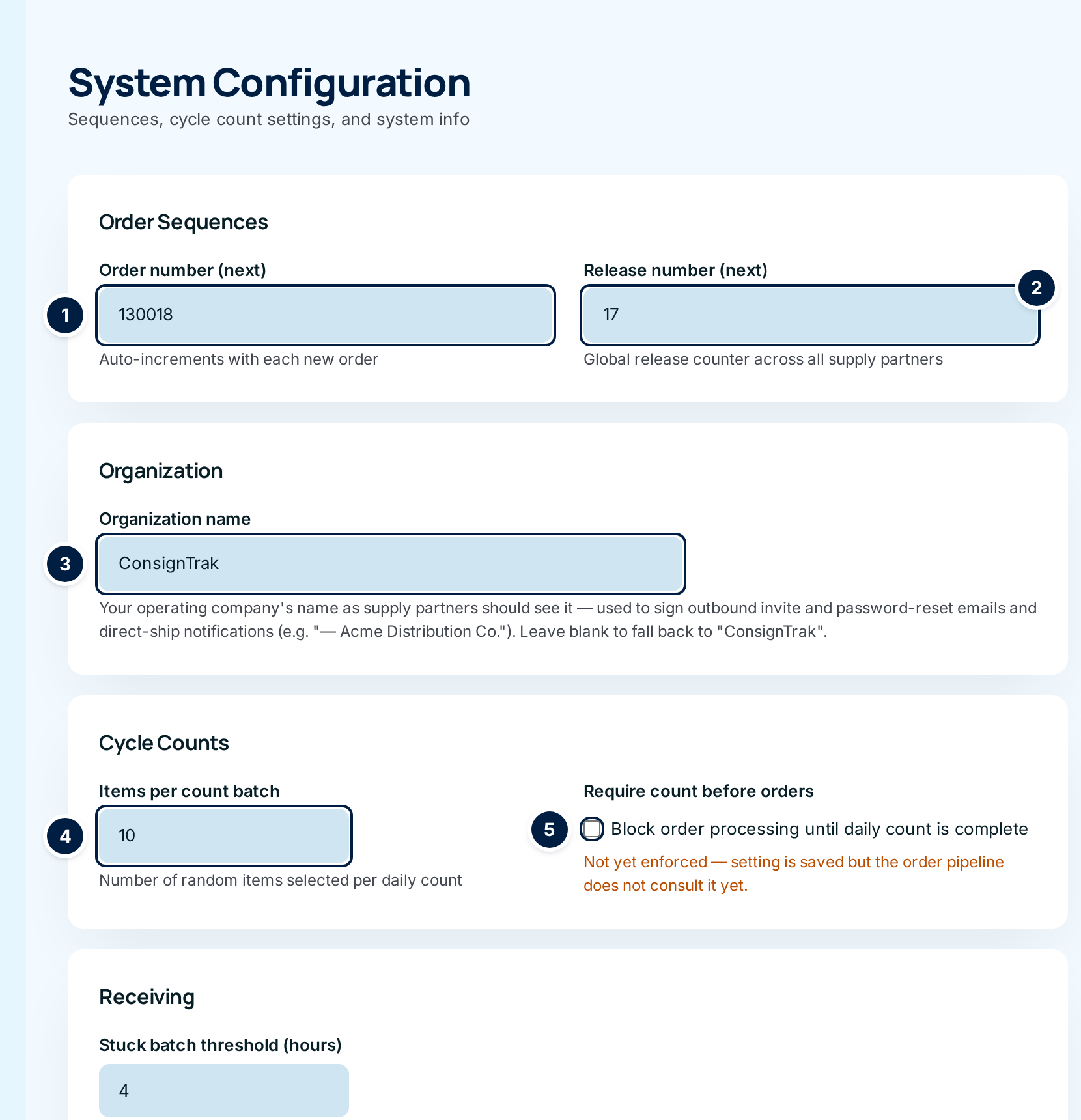 The top of the System Configuration page: Order Sequences, Organization and Cycle Counts, with five fields numbered