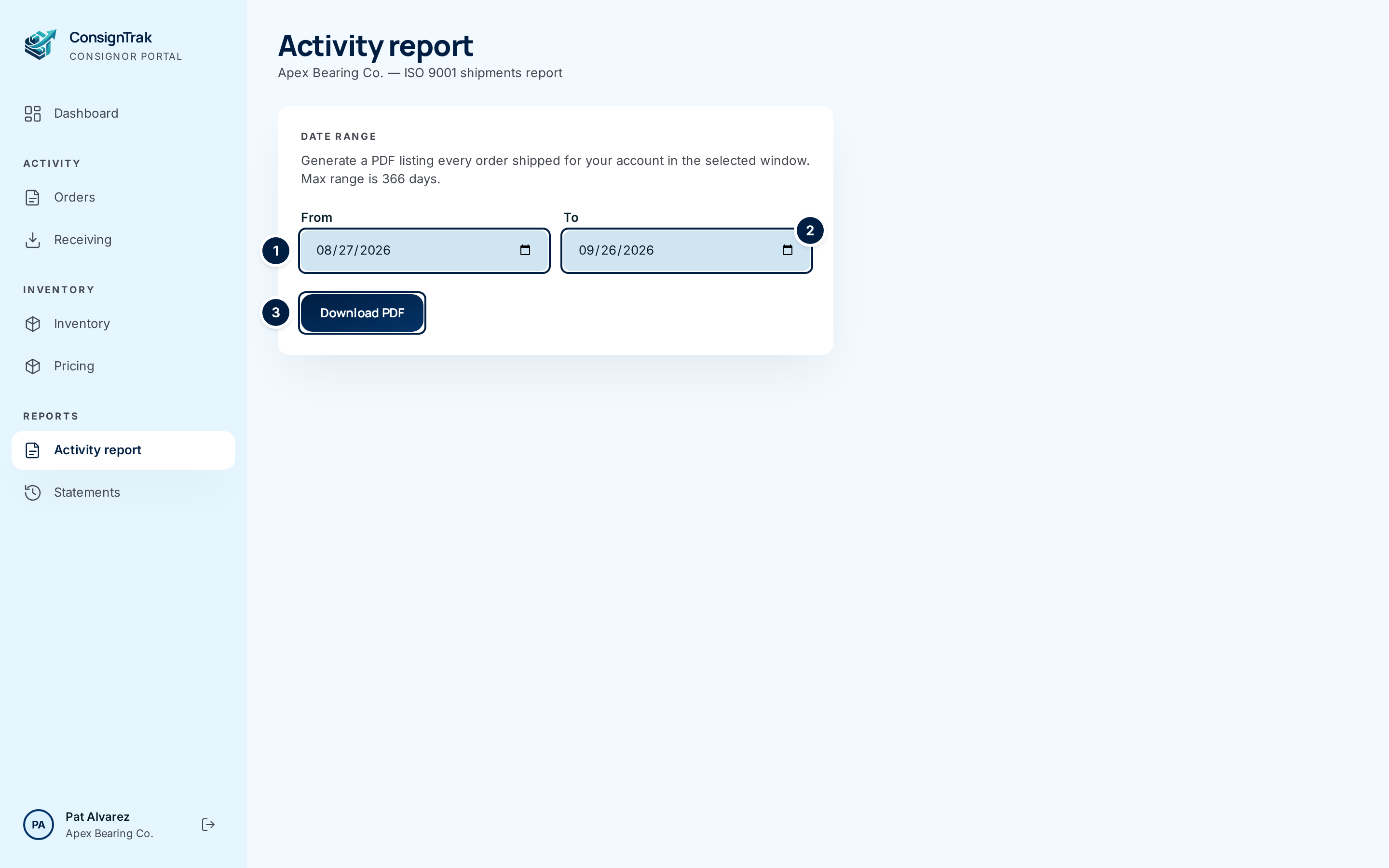 The Activity report page: ① From, ② To and ③ Download PDF