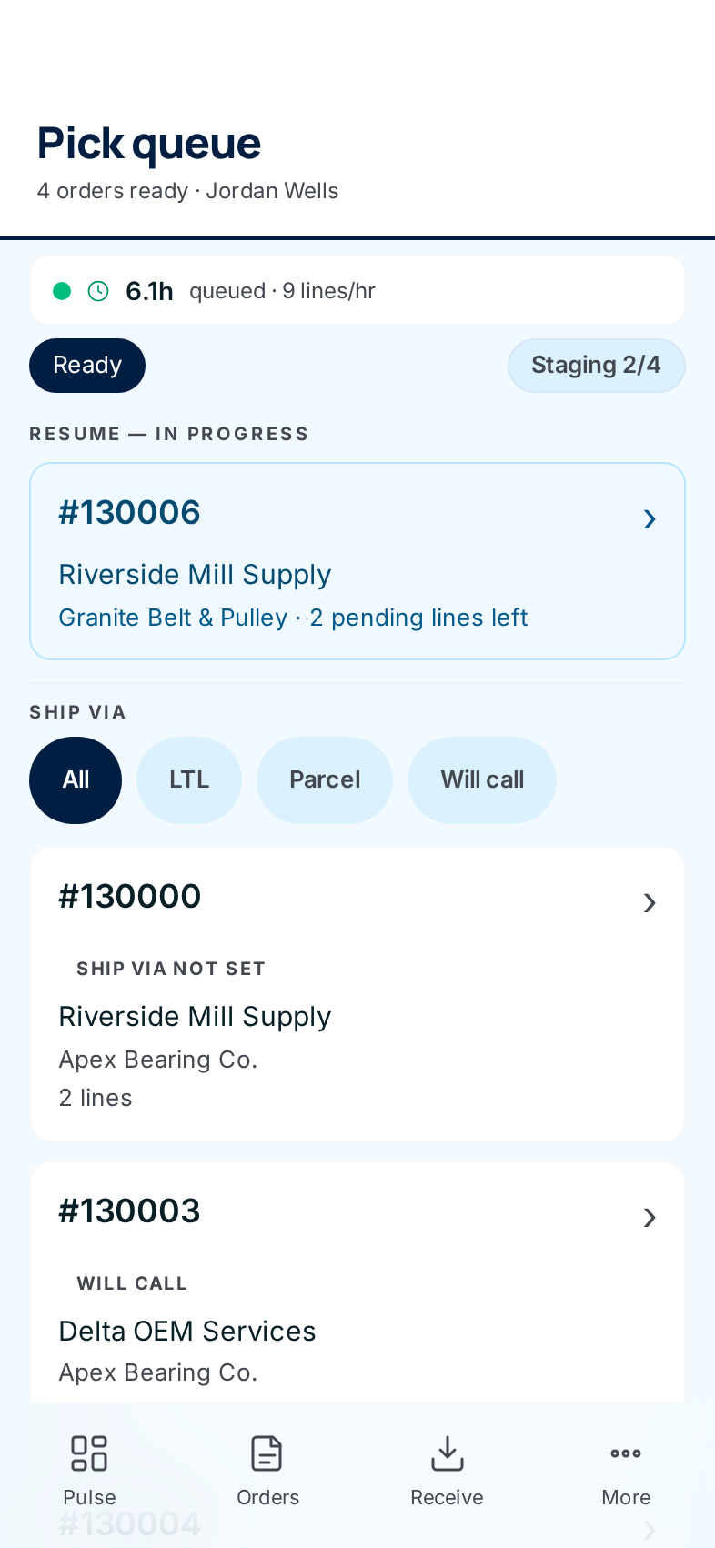 The pick queue on a phone: a resume card for an order already being picked, the Ship via filter, then the waiting orders