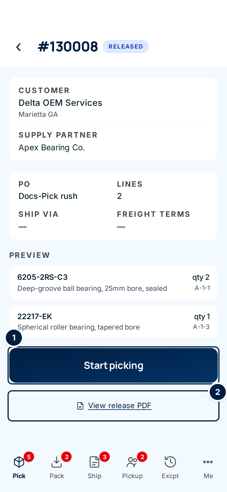 An order before picking: customer, supply partner, PO, a preview of two lines with their bins, ① Start picking and ② View release PDF