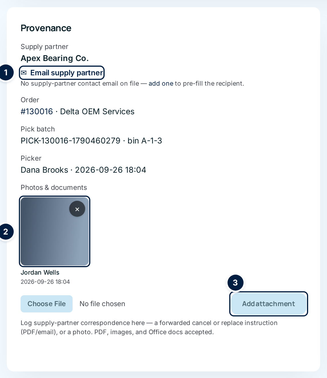 The Provenance card with the Email supply partner link, an attached photo, and the Add attachment control