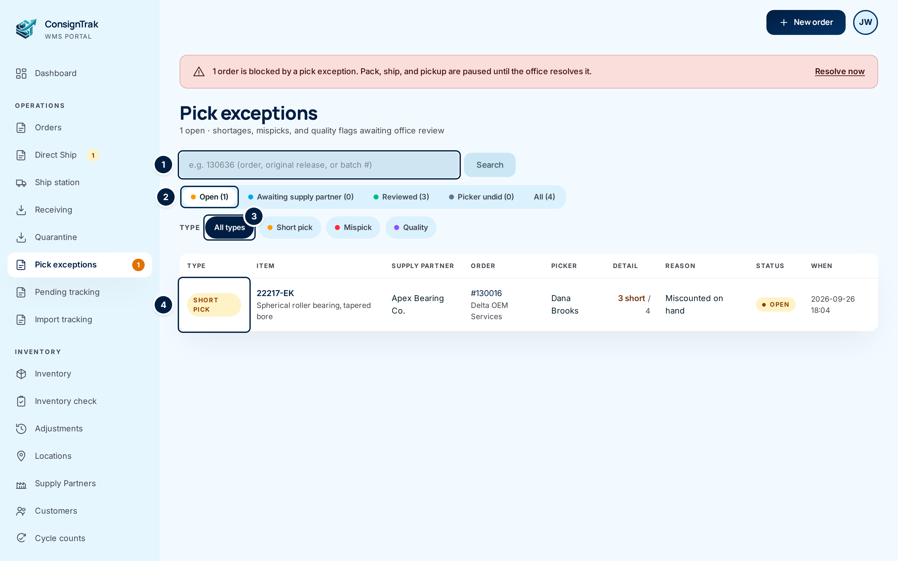 The Pick exceptions queue on the Open tab, showing one short pick for 22217-EK on an Apex Bearing Co. order