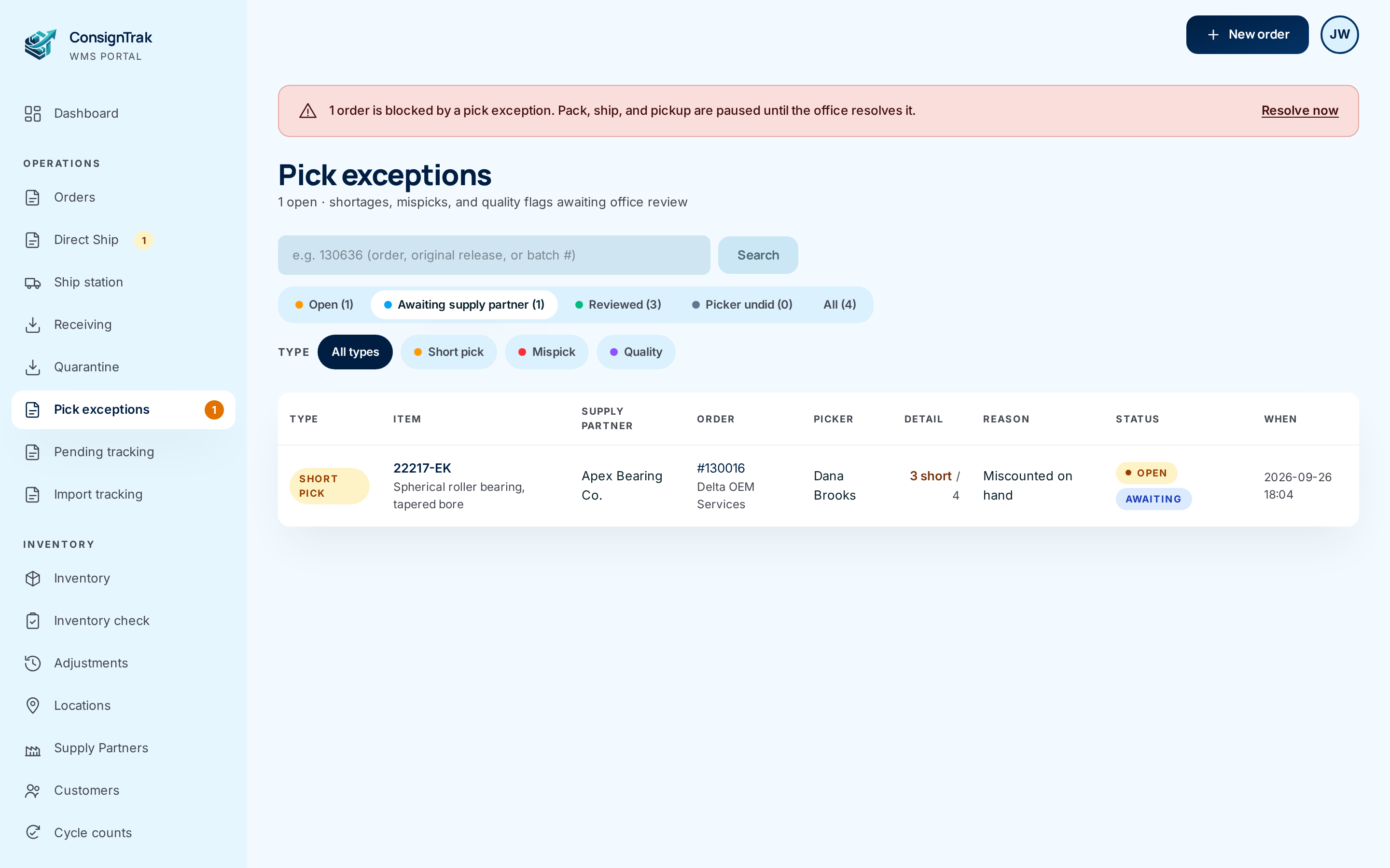 The Awaiting supply partner tab listing the exception with Open and Awaiting pills