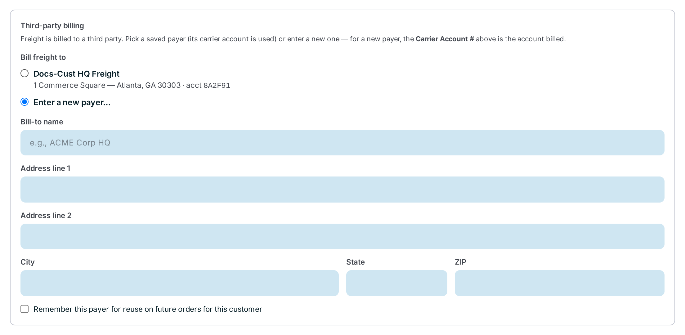 The Third-party billing box with one saved payer and "Enter a new payer…" selected