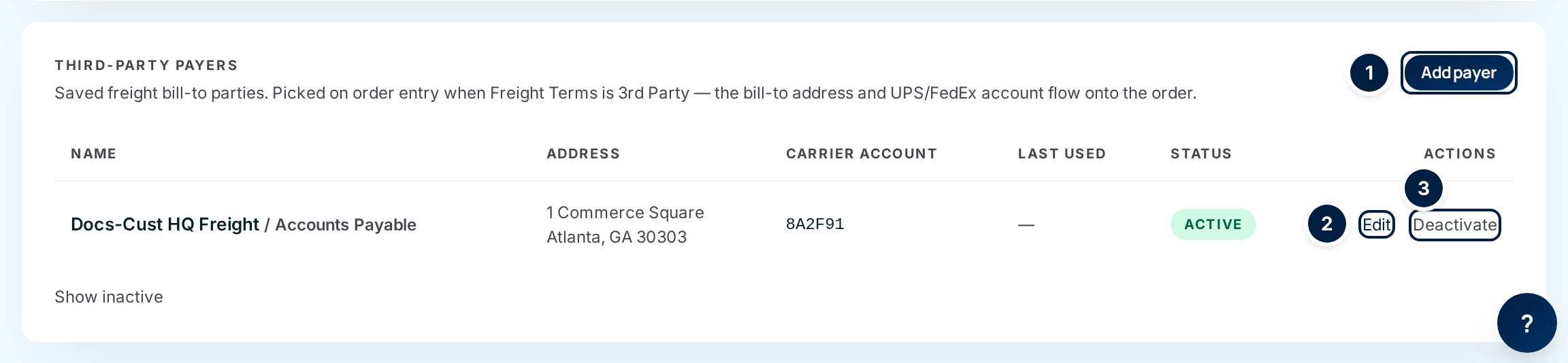The Third-Party Payers panel: Add payer ①, Edit ② and Deactivate ③