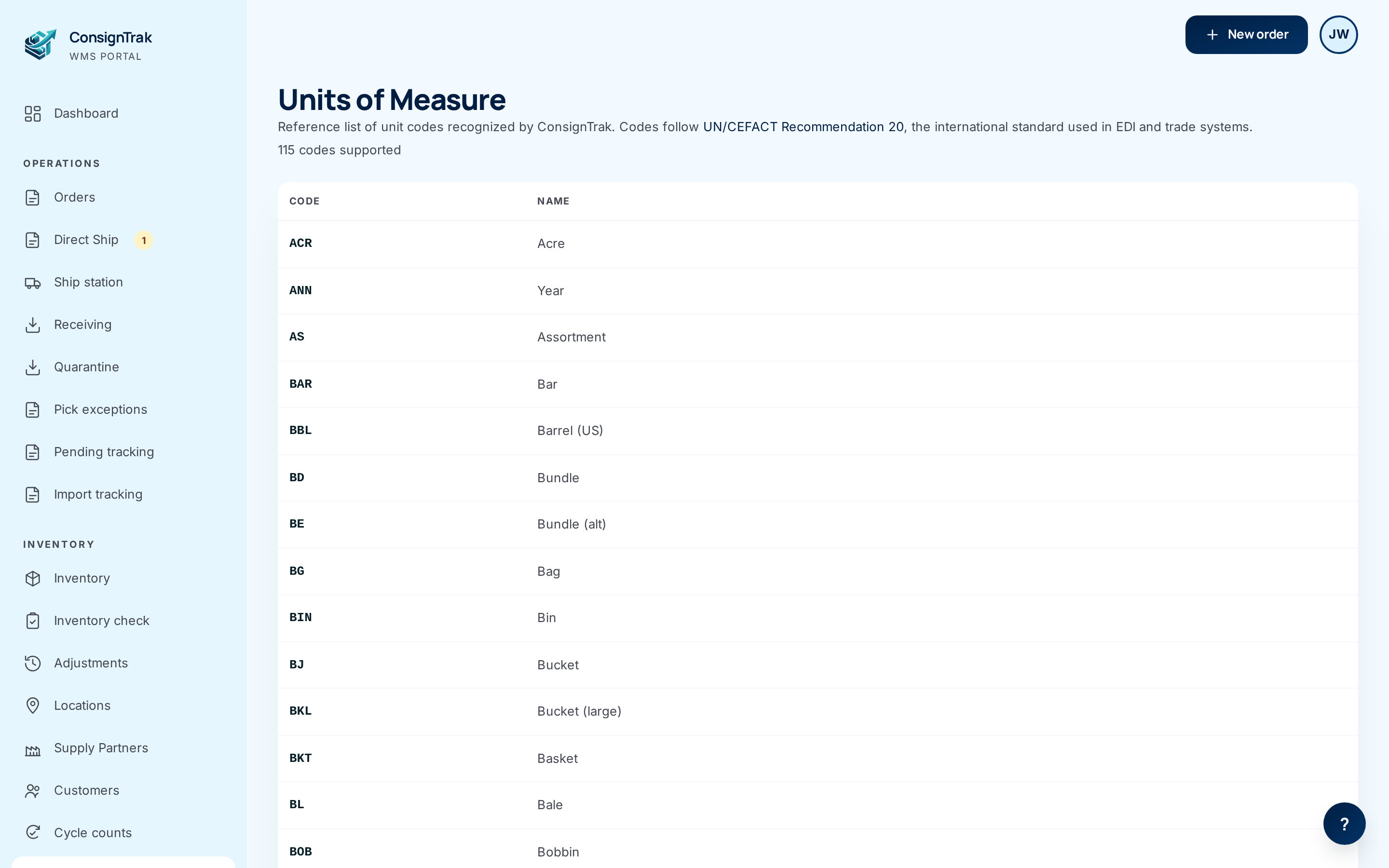 The Units of measure list on the desktop