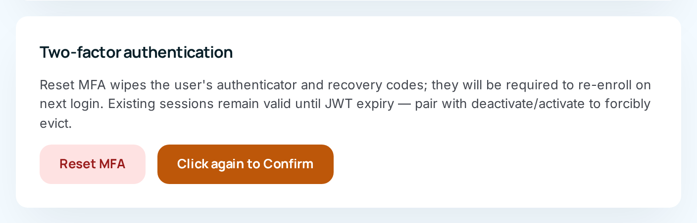 The Two-factor authentication card with Unlock account armed: the button reads "Click again to Confirm"