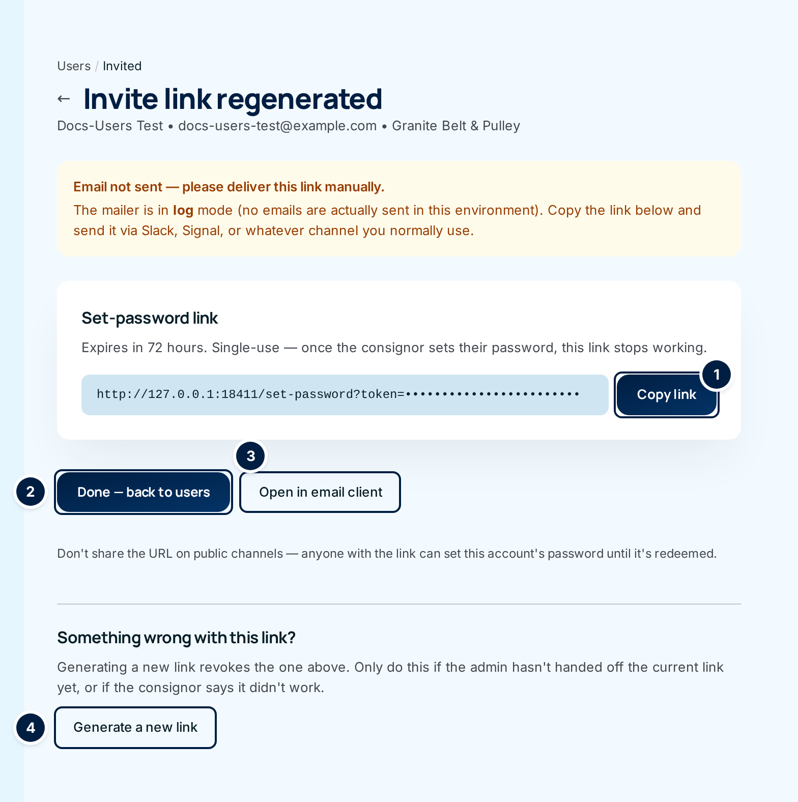 The invitation page for Docs-Users Test: the amber "Email not sent" message, the Set-password link with ① Copy link, then ② Done — back to users, ③ Open in email client, and ④ Generate a new link
