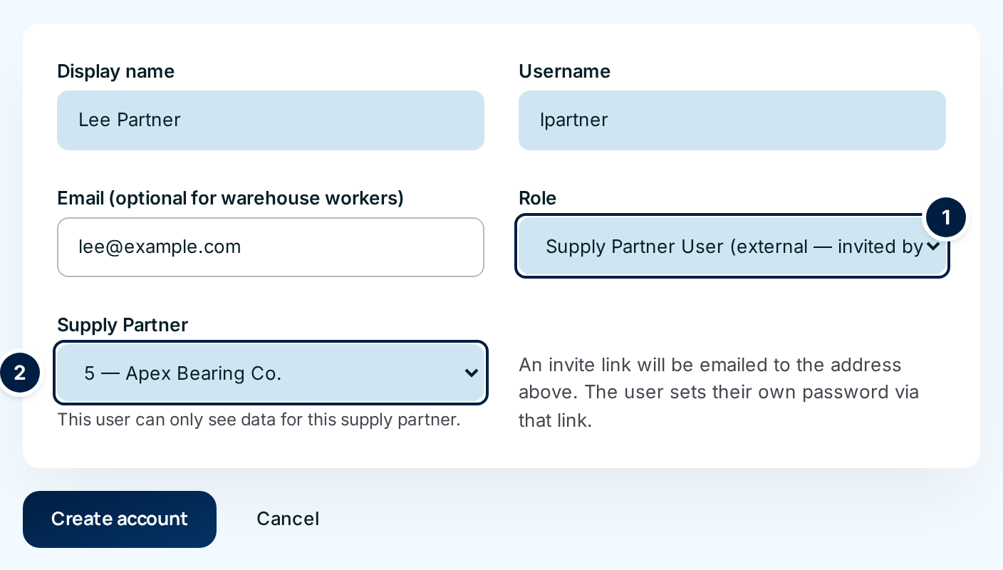 The Invite new user form with ① Role set to Supply Partner User and ② the Supply Partner list set to Apex Bearing Co.