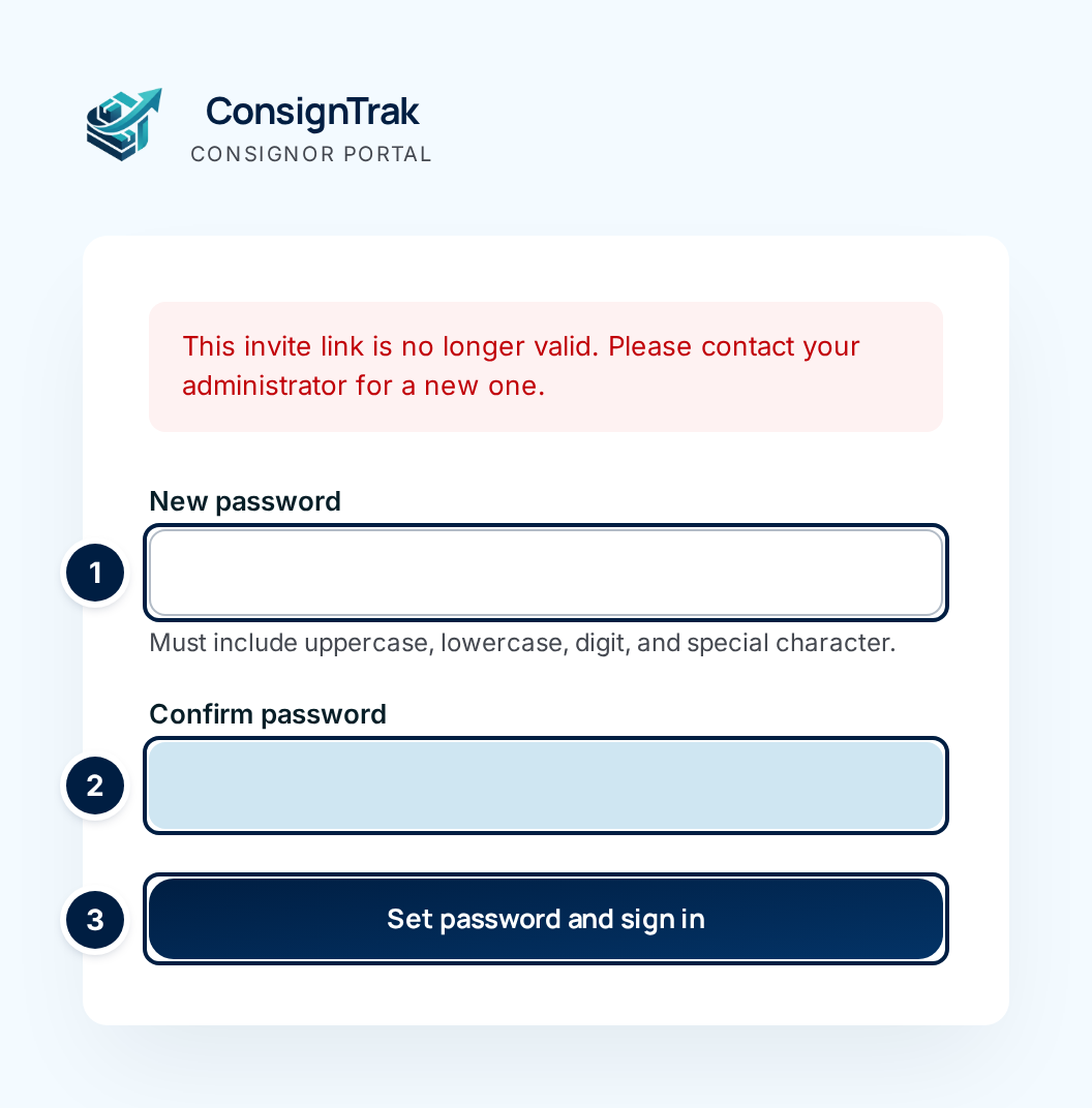 The set-password page, showing the message for a link that no longer works