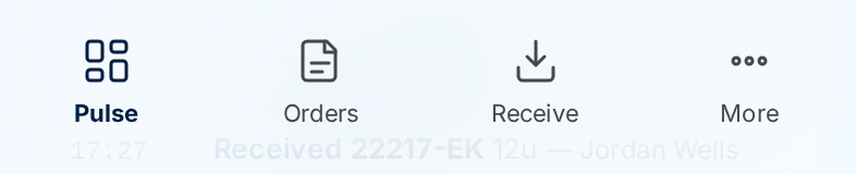 The administrator's bottom bar: Pulse, Orders, Receive, More