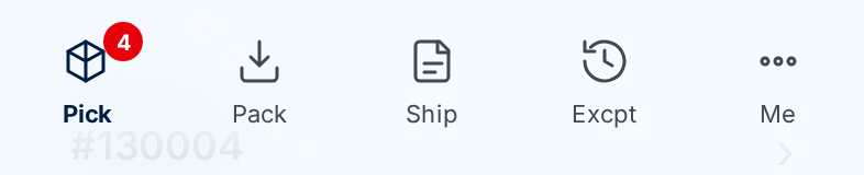 The warehouse bottom bar: Pick with a red count badge, Pack, Ship, Excpt, Me