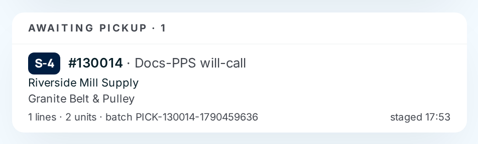 The Awaiting pickup list on the Ship station: order 130014, staged in area S-4 at 17:53
