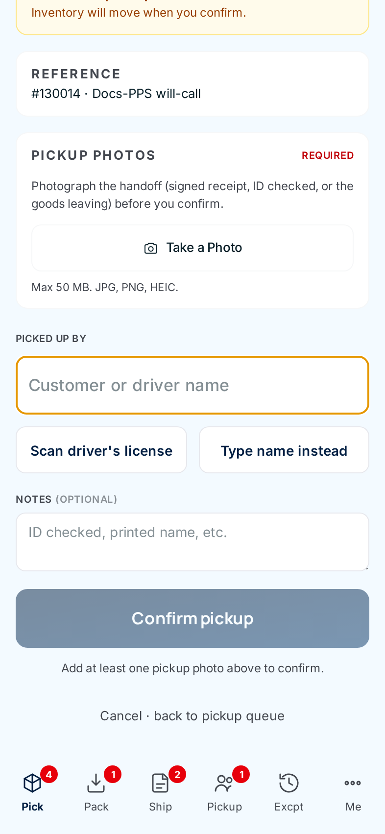 Confirm pickup greyed out, with the message "Add at least one pickup photo above to confirm."