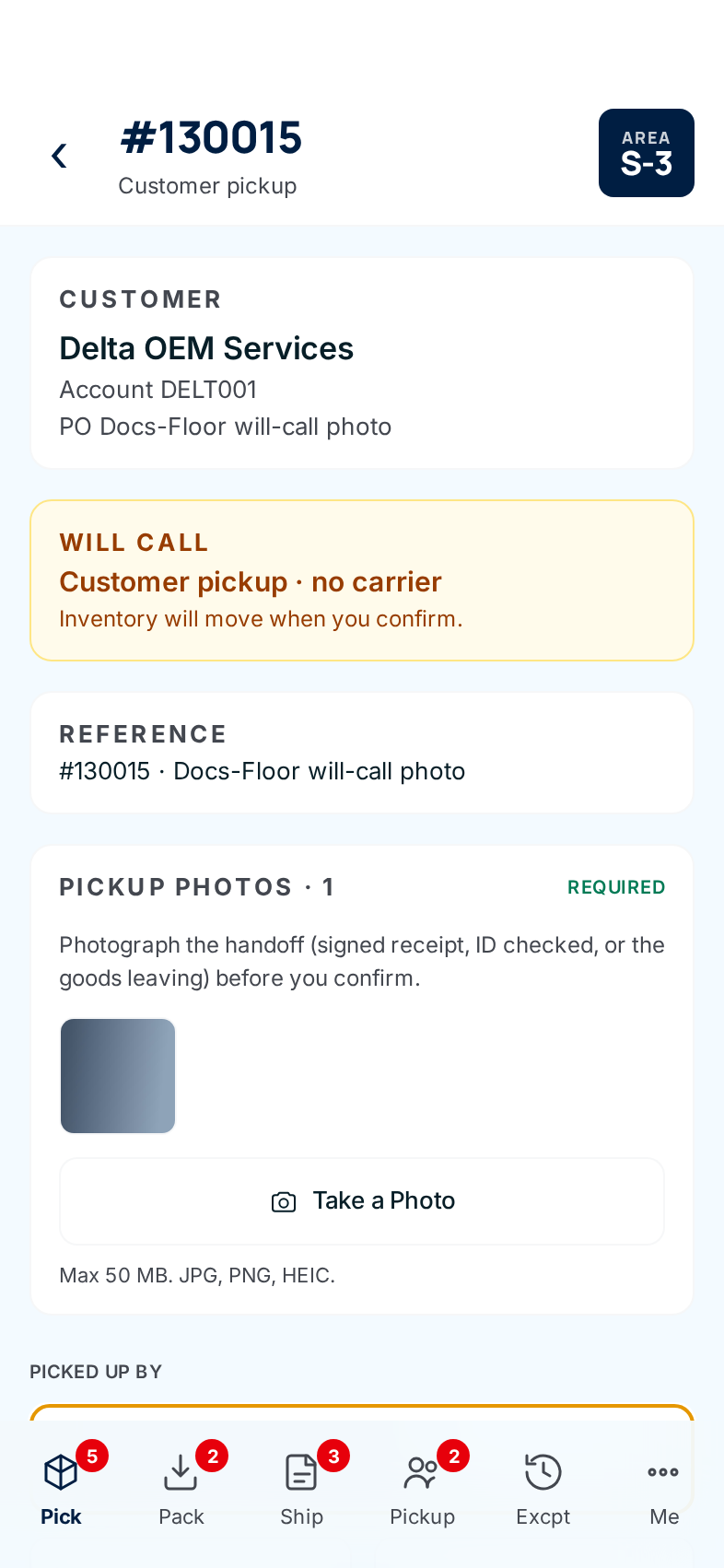 The pickup screen for order 130014: area S-2, the customer Riverside Mill Supply, the Will Call notice, and the reference