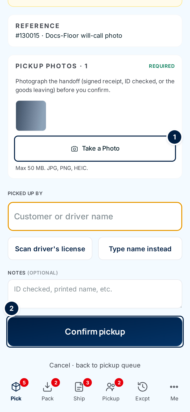 Before any photo: Pickup photos marked Required in red, Take a Photo, and Confirm pickup greyed out with "Add at least one pickup photo above to confirm."
