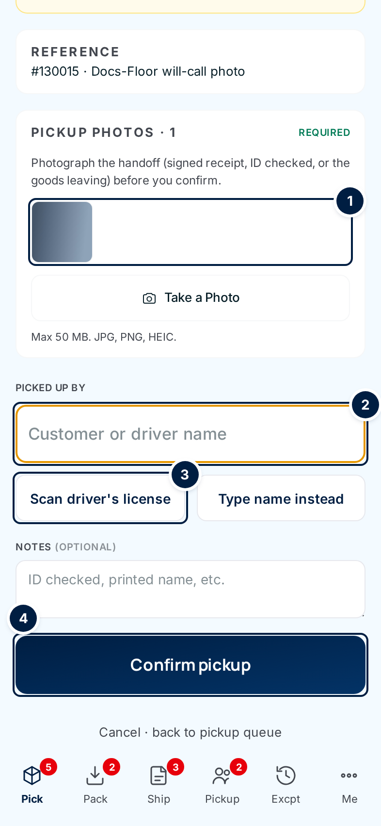 After one photo: the thumbnail, the Picked up by box, Scan driver's license and Type name instead, Notes, and Confirm pickup ready
