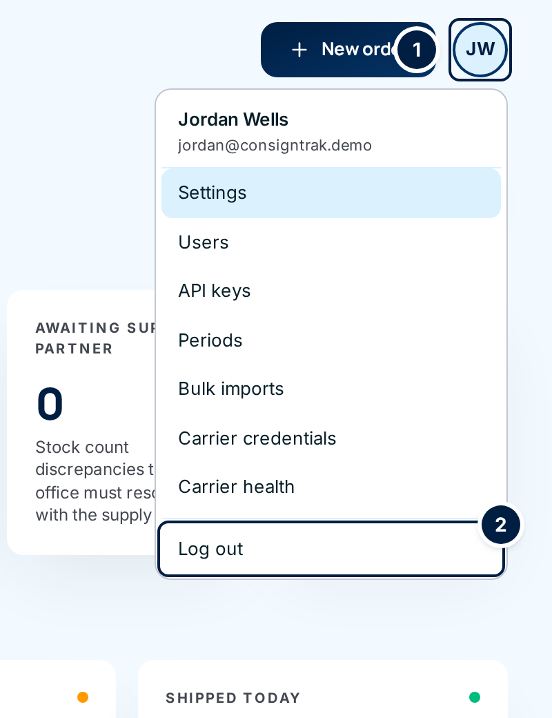 The account menu open under the initials button (1), with Log out (2) at the bottom