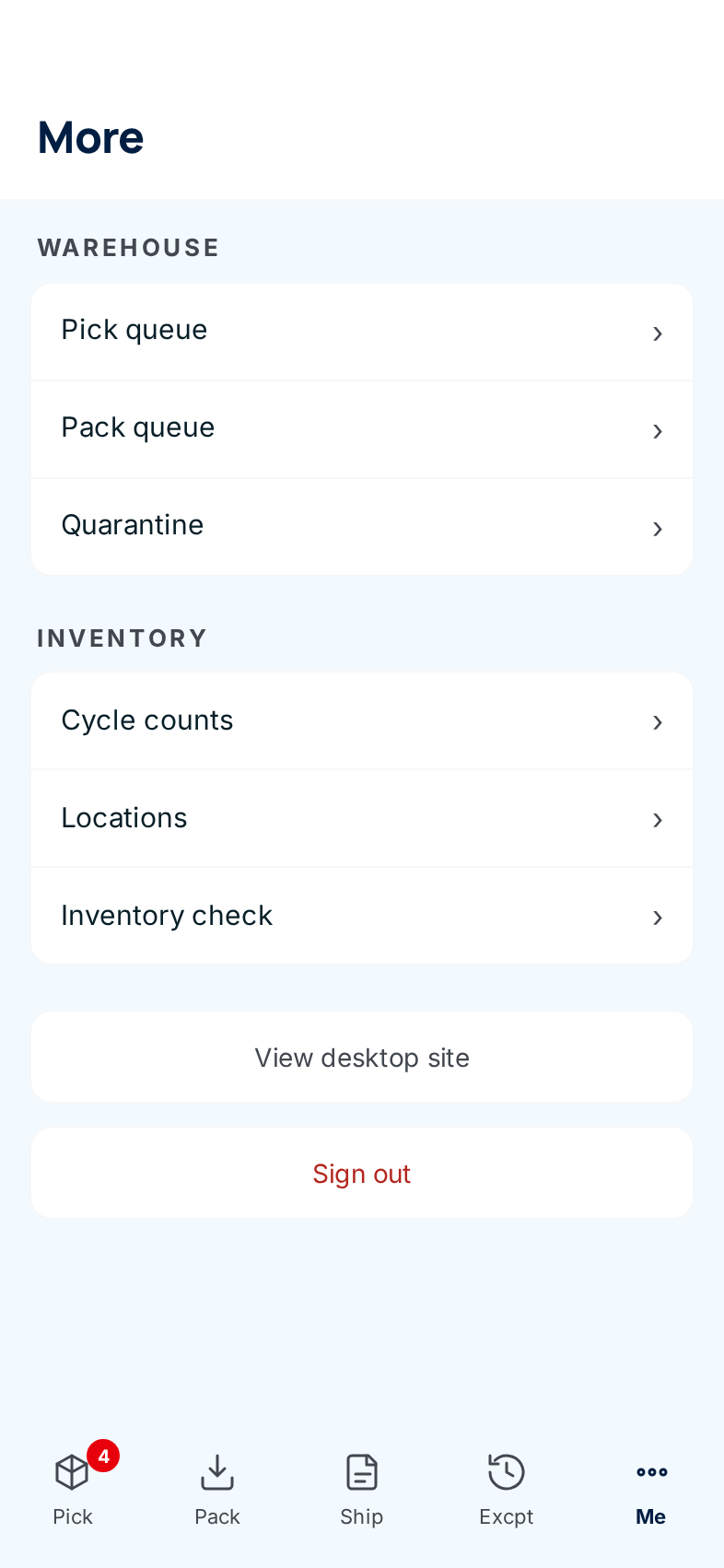 The mobile More page with View desktop site and Sign out at the bottom