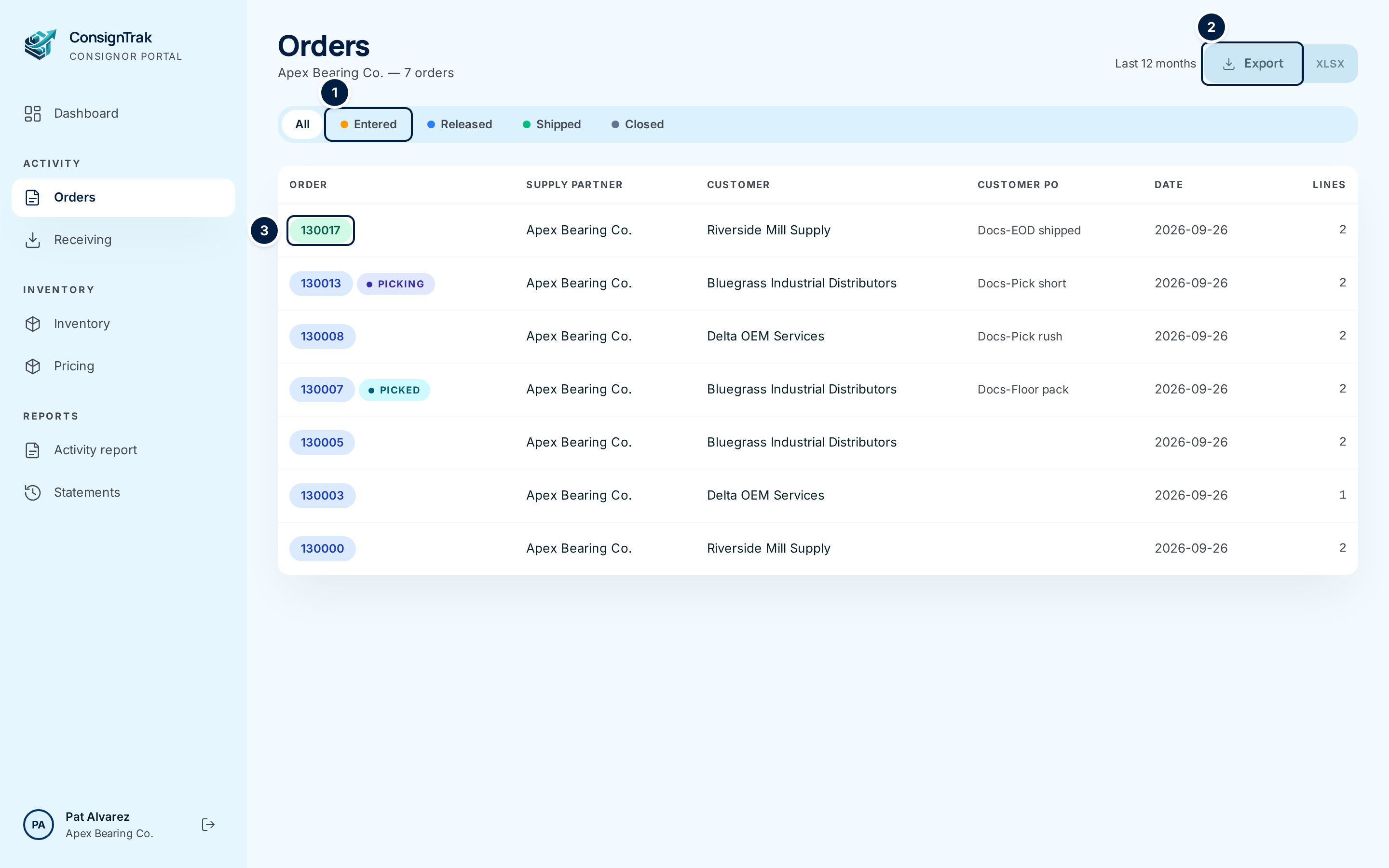 The Orders list for Apex Bearing Co.: ① the status tabs, ② the Export button with Last 12 months beside it, ③ an order number