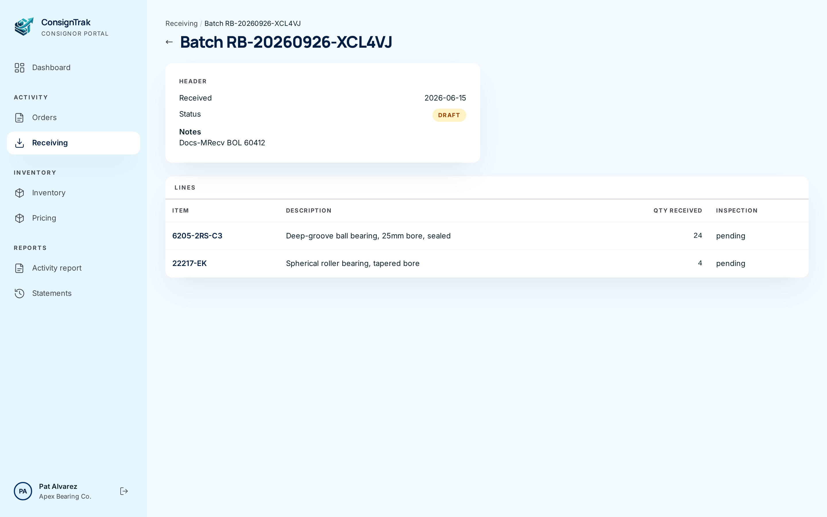 Batch RB-20260926-K6CFK4, Posted: the Header card and four lines, each passed