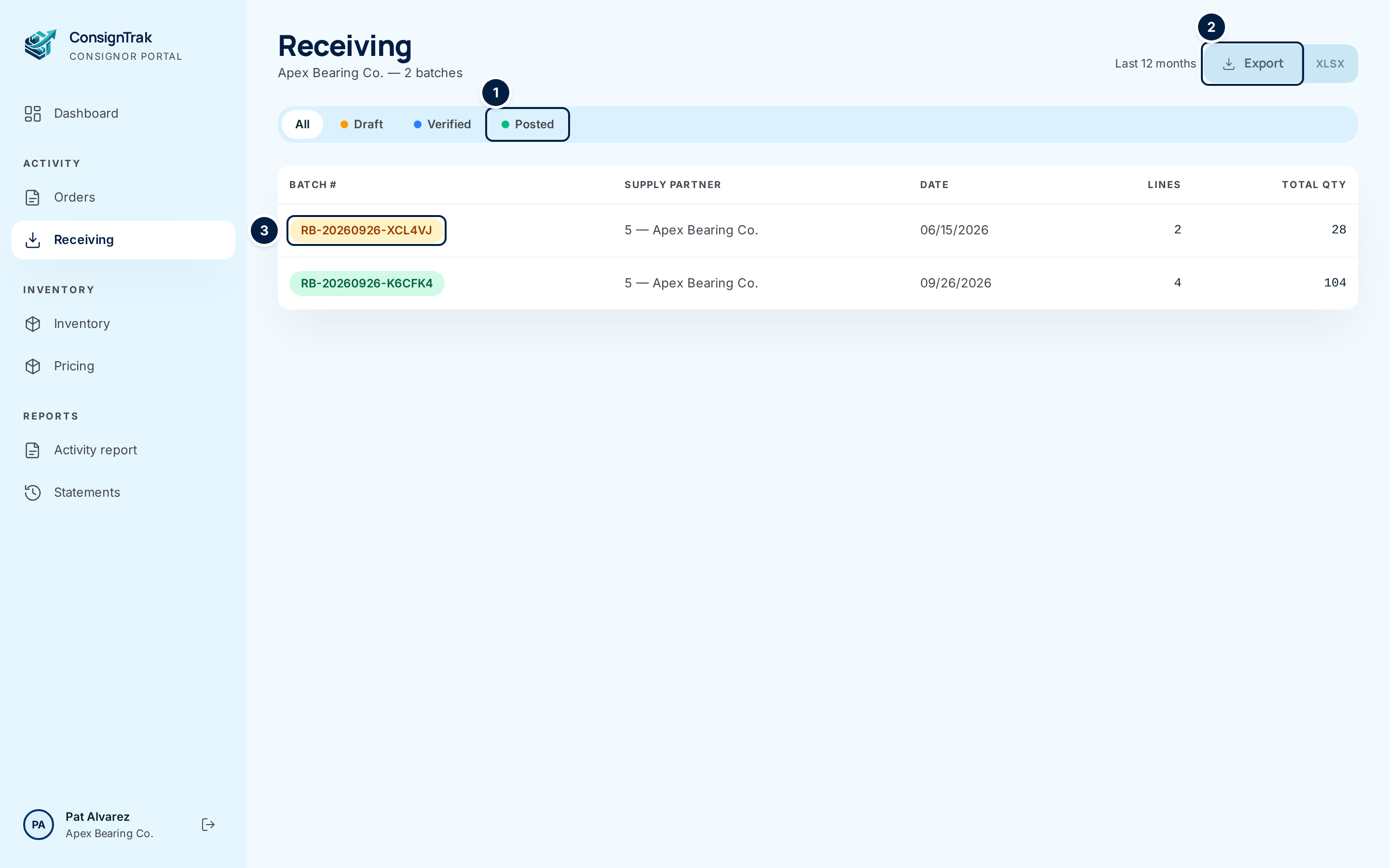 The Receiving list for Apex Bearing Co.: ① the Posted status tab, ② the Export button, ③ a batch number
